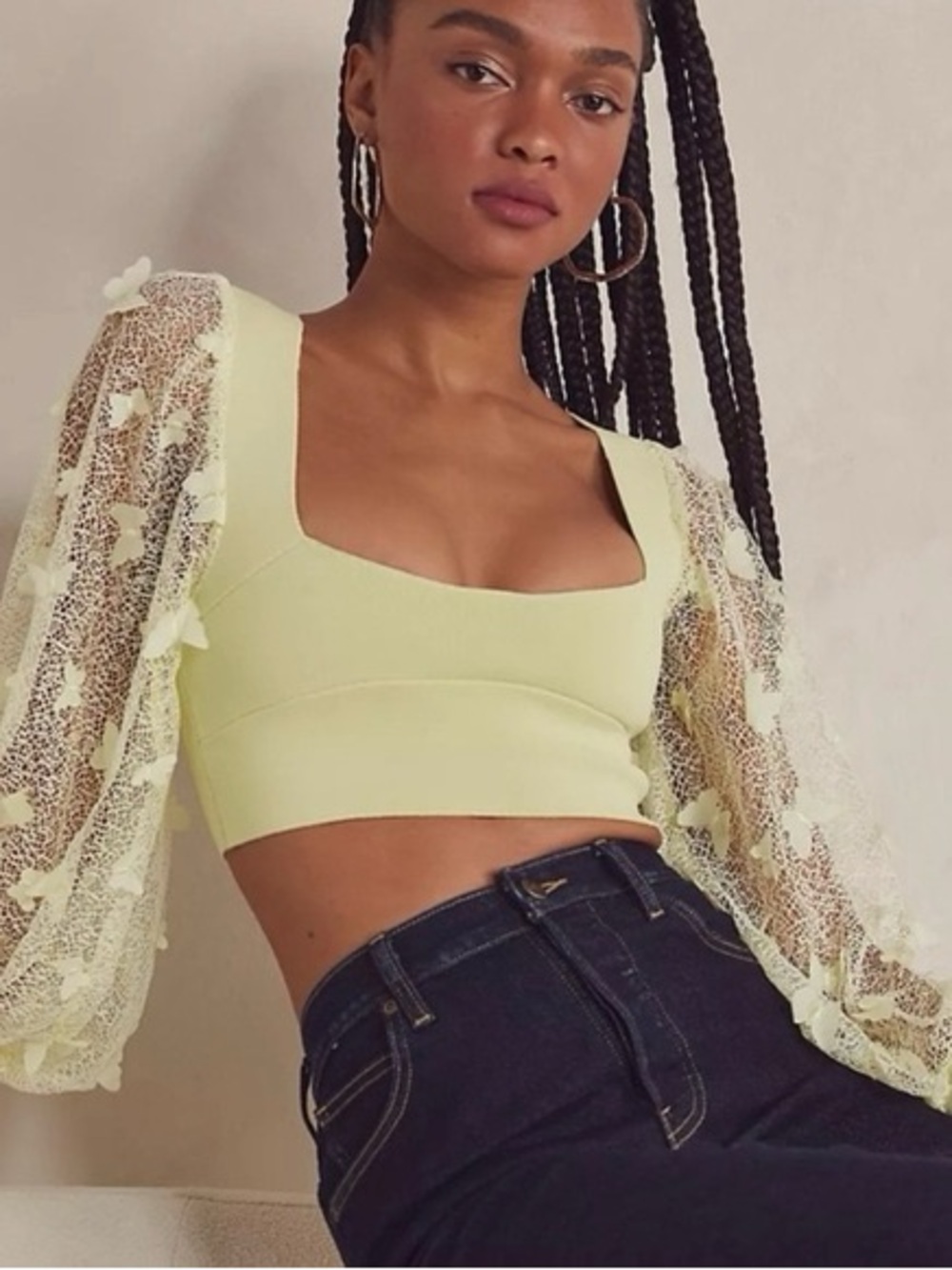 Free People Lace Sleeve Crop Top - Light Yellow